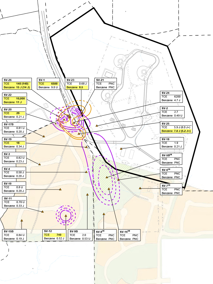 map showing locations of soil vapor probes and latest findings of TCE levels
